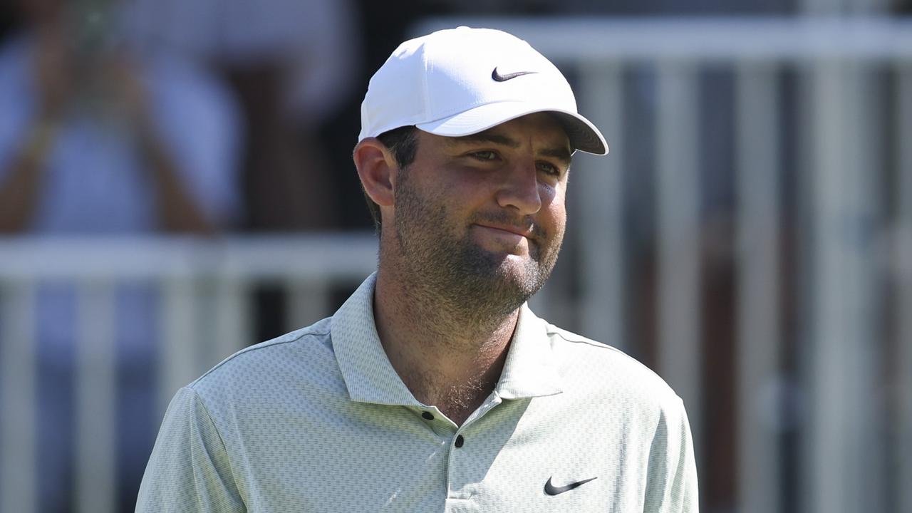 FORT WORTH, TEXAS - MAY 26: Scottie Scheffler of the United States reacts on the 17th green during the final round of the Charles Schwab Challenge at Colonial Country Club on May 26, 2024 in Fort Worth, Texas. (Photo by Tim Heitman/Getty Images)