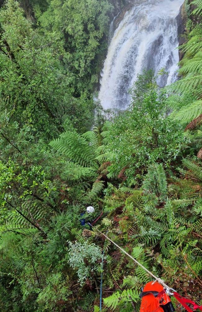 The search for missing Belgian backpacker Celine Creme, 31, lost since at least June 20 and likely earlier, continued at Philosopher Falls, Waratah, on June 30, 2023. Picture: DPFEM