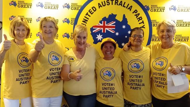 Photos of United Australia Party members wearing shirts and hats made in China. Source — https://www.facebook.com/susan.bertuch