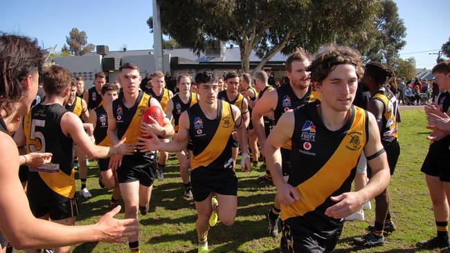 Broadview, led by Jay O’Leary (front), surprised many on Saturday by defeating div one premier Port District. Picture: Matt Oborn