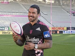 Digby Ioane shows off his Stade Francais kit at the Jean Bouin Stadium in Paris.