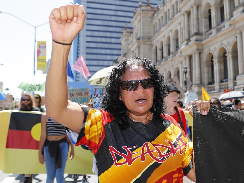 Activist Kim Law, representing Waka Waka nation, at Extinction Rebellion ‘spring rebellion’ protests in Brisbane. Picture: Regi Varghese/AAP