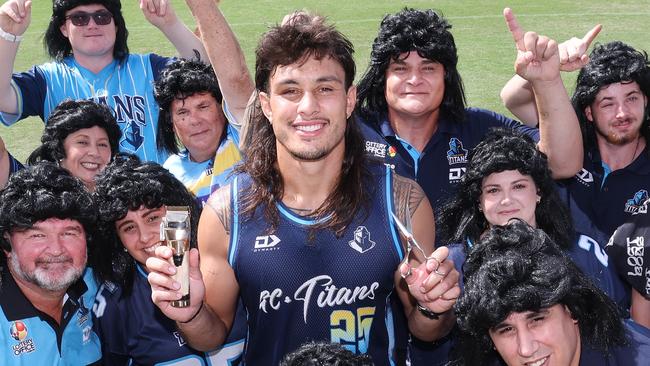 The Titans fan base get ready to welcome captain Tino Fa'asuamaleaui back to Cbus Super stadium this weekend and to celebrate free Tino Mullet haircuts are on offer at the ground from the Lost Barbers.. Picture: Glenn Hampson