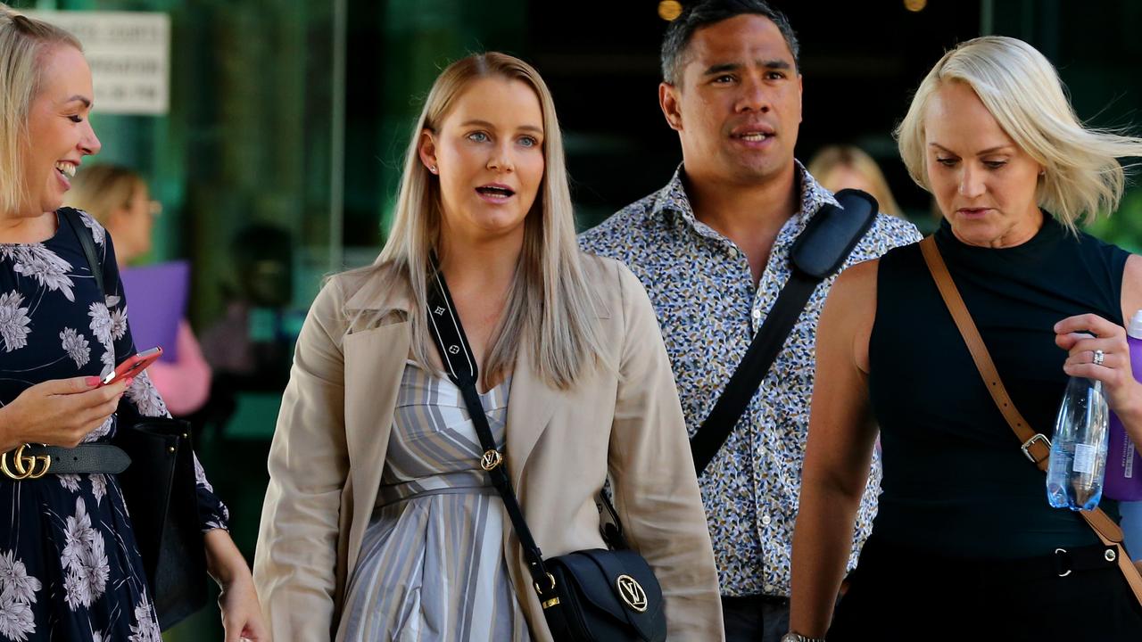 Hannah Clarke’s best friend Nicole Brooks (centre) leaves the inquest. Picture David Clark