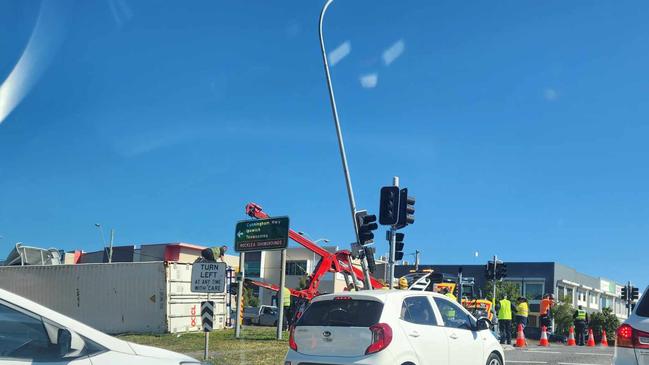 A heavy truck caused traffic delays in Brisbane's south this morning when it rolled over near a major road. Picture: Rebekah Sykes