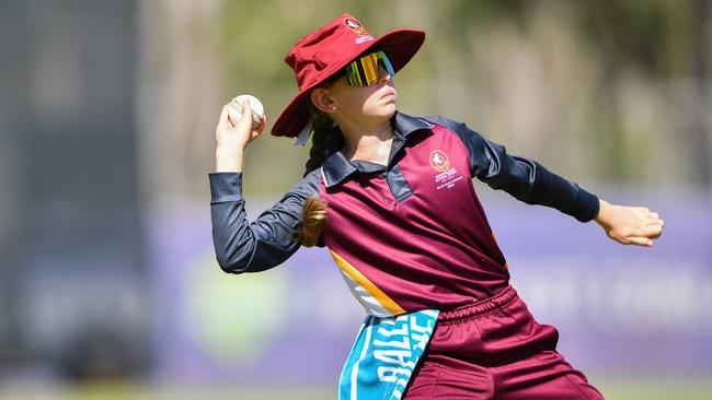 Players in action at the Under-12 cricket national championships in Darwin, Northern Territory. VIC U12 Girls Vs QLD U12 Girls White at DXC Arena, Marrara. Picture: Pema Tamang Pakhrin