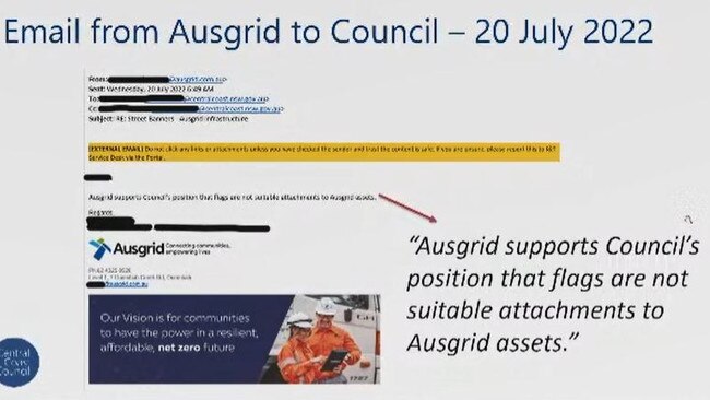 Central Coast Council claims it has emails from Ausgrid which supported council's position not to fly Australian flags from its poles and then "changed its position". Picture: supplied