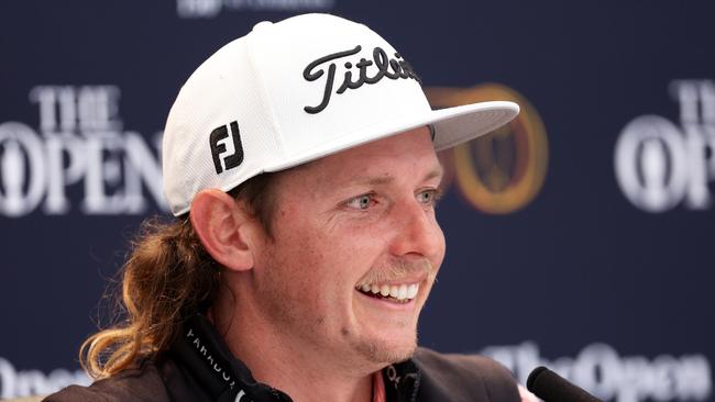 A relaxed Cam Smith chatting to the media following his second round 64 at the British Open. Picture: Getty Images