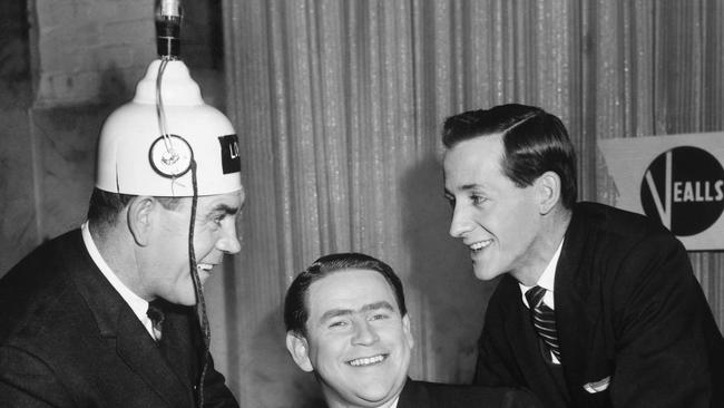 Former footballer Lou Richards (left) with Ron Casey (centre) and Bill Collins on the set of World of Sport.