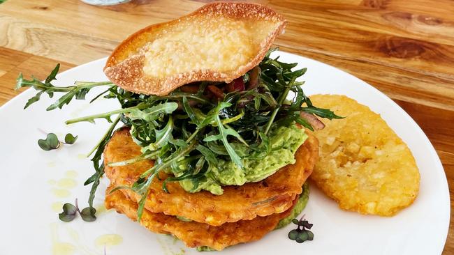 The Kendrick Stack of corn fritters and avocado at Gang Gang, Parkside. Picture: Dianne Mattsson