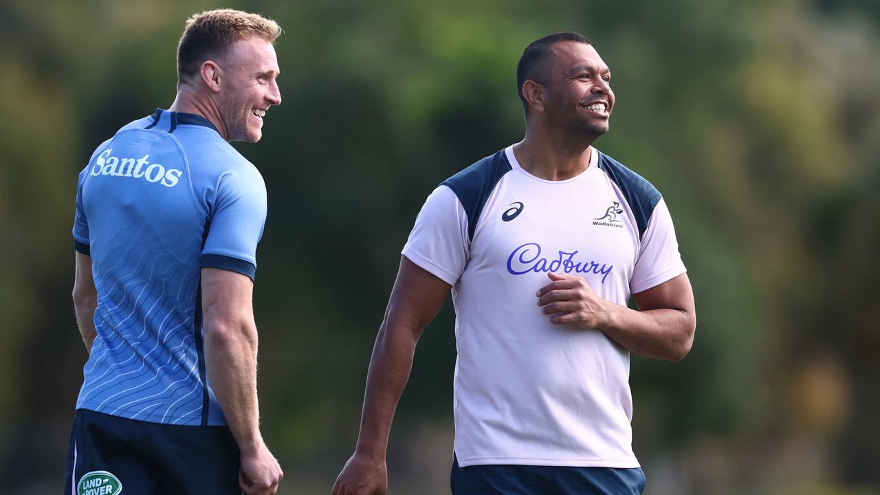 Reece Hodge and Kurtley Beale during an Australia Wallabies training session in August. Picture: Chris Hyde