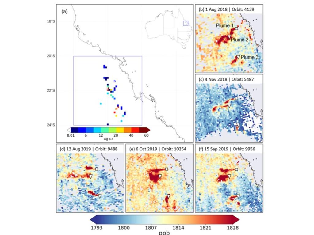 Researches from the Netherlands used the TROPOMI satellite to analyse methane blooms in the Bowen Basin which were coming from coal mines. Picture: Environmental Science and Technology, 2021, Volume 55.