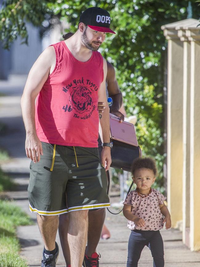 Serena Williams and her husband Alexis Ohanian enjoy an afternoon walk with their 1-year-old daughter Alexia Olympia. Serena's daughter looked seriously cute, toddling her way down the footpath, wearing Nike sneakers like her Mummy. Picture: MediaMode