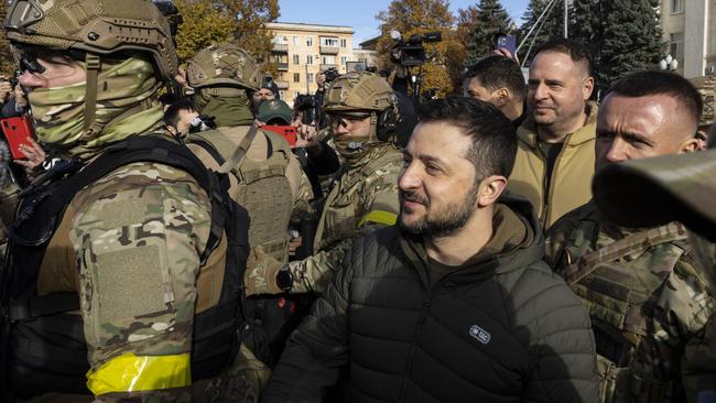 Ukrainian President Volodymyr Zelensky makes a surprise visit to Kherson after the city’s liberation from the Russian invasion. Picture: Paula Bronstein /Getty Images