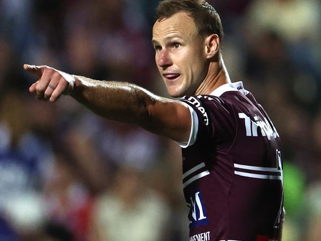 SYDNEY, AUSTRALIA - MARCH 23: Daly Cherry-Evans of the Sea Eagles instructs his team during the round three NRL match between Manly Sea Eagles and Sydney Roosters at 4 Pines Park, on March 23, 2025, in Sydney, Australia. (Photo by Jeremy Ng/Getty Images)