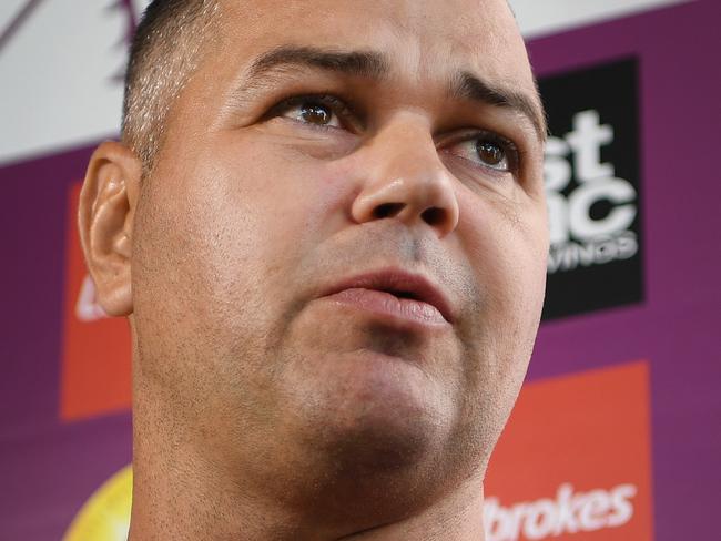 Brisbane Broncos coach Anthony Seibold is seen during a press conference in Brisbane, Thursday, August 22, 2019. The Broncos will clash with the South Sydney Rabbitohs in their round 23 match at Suncorp stadium tomorrow night. (AAP Image/Dan Peled) NO ARCHIVING