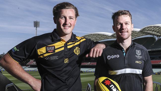 Glenelg's Will Gould at Adelaide Oval with Port Adelaide’s Robbie Gray ahead of the AFL Draft. Picture SARAH REED