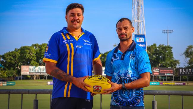 Daniel Fuller of Wanderers and Tim Eldridge of the Darwin Buffaloes ahead of the 2024-25 NTFL Indigenous round. Picture: AFLNT Media