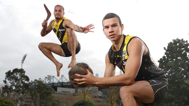 Daniel Rioli and Sydney Stack in Richmond’s 2019 Idigenous Round guernseys. Picture: Michael Klein.