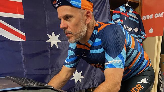 Coffs Harbour man Tim Searle is an ambassador and multiple world record holder for the cycling app Zwift, an online community which allows cyclists to compete and chat with one another using a 'smart' trainer bike from their home. Picture: Supplied
