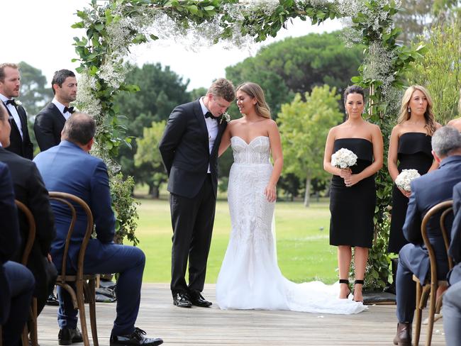 The happy couple at their wedding ceremony. Picture: Alex Coppel