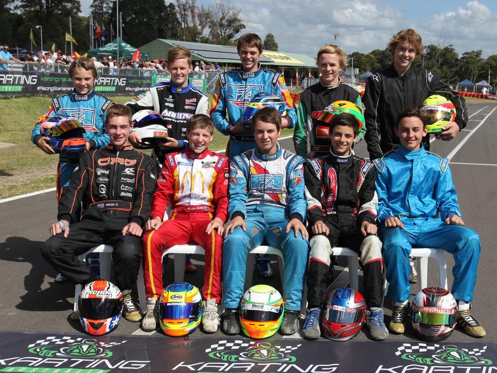 Oscar Piastri (back left), Bryce Fullwood (middle back row) and Will Brown (second from the left in the front row) in a karting grid group photo from 2014. Pic: Karting Australia