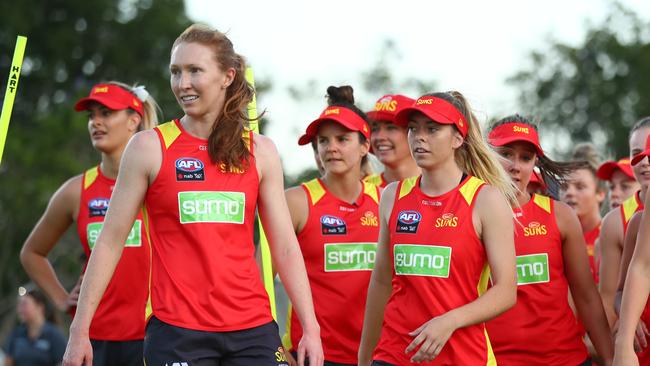 Tiarna Ernst looks on during a Gold Coast Suns AFLW training session at Austworld Centre at Metricon Stadium on November 25, 2019 in Gold Coast, Australia. (Photo by Chris Hyde/Getty Images)