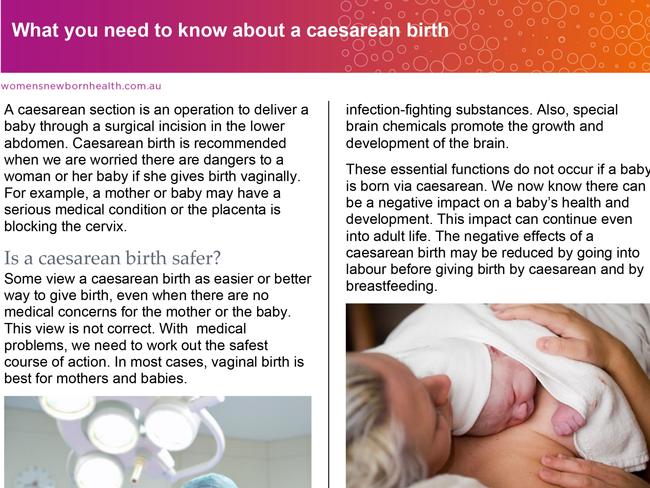 A NSW Health has been forced to take down an online information pamphlet wrongly linking caesarean births to autism, cancer, diabetes and a multitude of other negative outcomes.