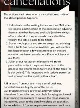 The cancellation policy outlined. Photo: Instagram