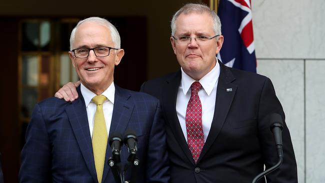 Then PM Malcolm Turnbull and then Treasurer Scott Morrison just days before the leadership spill last year. Picture: Kym Smith