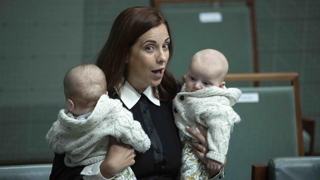 Anika Wells with twins Ossian and Dashiell in Parliament. Picture: NCA NewsWire/Gary Ramage