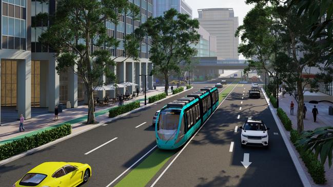 A concept design of a streetscape with a trackless tram. Picture: City of Sterling in WA.