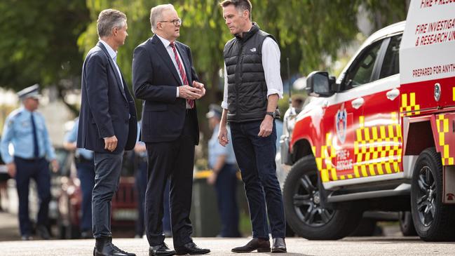 Anthony Albanese, centre, and Chris Minns attend the scene on Tuesday morning. Picture: Julian Andrews