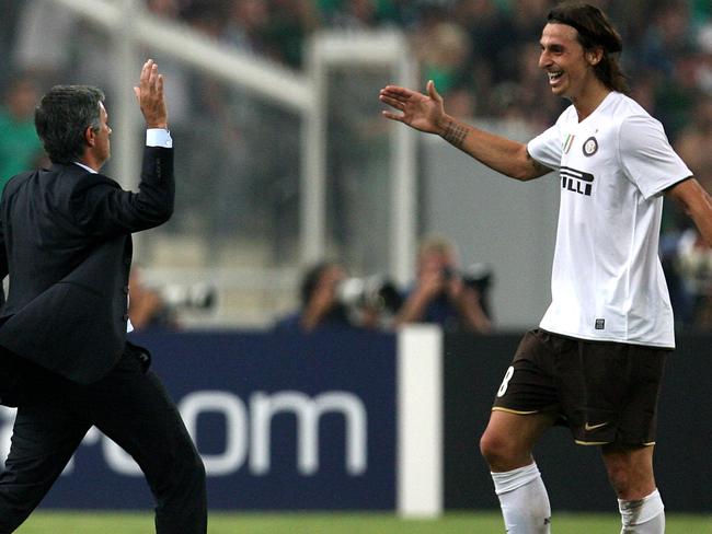 FILE — In this Tuesday, Sept. 16, 2008 file photo, Inter Milan coach Jose Mourinho congratulates Zlatan Ibrahimovic, right, back in September 2008. Picture: AP