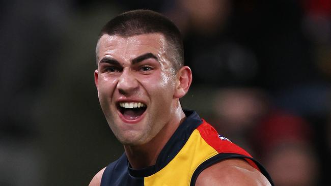 MELBOURNE, JULY 19, 2024: 2024 AFL - Round 19 - Essendon Bombers v Adelaide Crows at Marvel Stadium. Josh Rachele of the Crows celebrates a goal. Picture: Mark Stewart