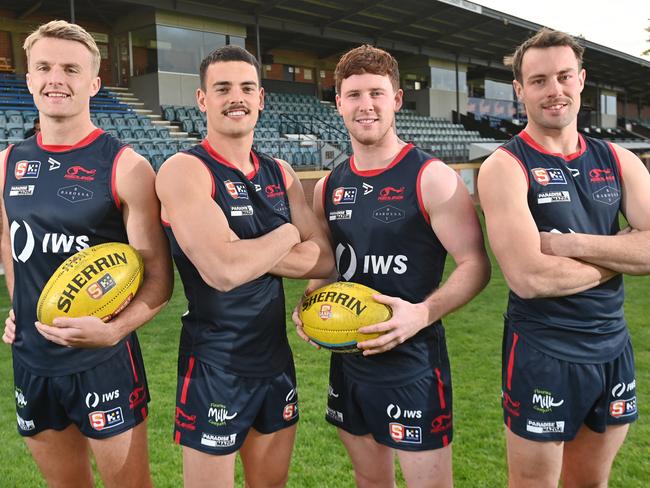 19/9/24. Norwood Football Club players at Norwood Oval.Midfielders Jacob Kennerley, Billy Cootee,  Baynen Lowe and Mitch O'Neill.Picture: Keryn Stevens