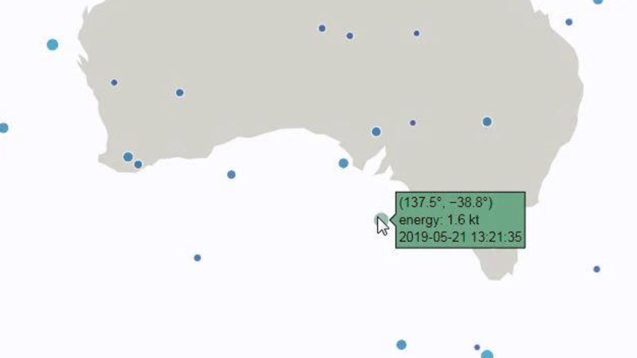 The fireball, shown by the green-blue dot, landed in the Great Australian Bight. Image: Centre for Near-Earth Objects Studies