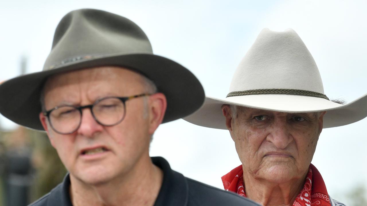 The Prime Minister visits Ollera Creek where the Australian Defence Force were building a temporary bridge structure to support rescue efforts. PM Anthony Albanese with Member for Kennedy Bob Katter. Picture: Evan Morgan