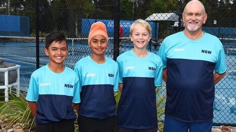 The Tennis NSW under-11 boys top three players – Ethan Domingo, Har Abir Sekhon and Flynn Searle, with captain Greg Royal.