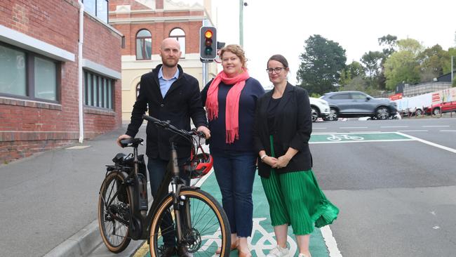 Ethical Choice Investments owner Chris Lang, Hobart Lord Mayor Anna Reynolds and Menzies Institute for Medical Research Associate Professor Verity Cleland on Collins Street. Picture: Elise Kaine