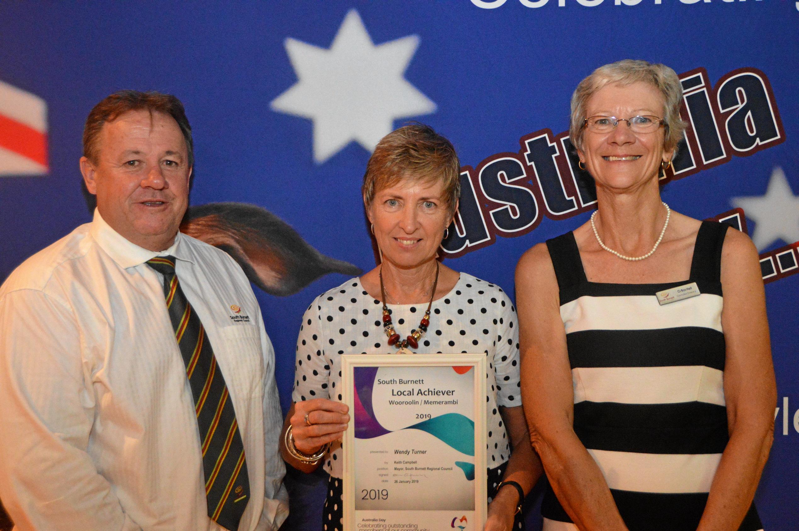 Winner of the Wooroolin and Memerambi local achiever award Wendy Turner with Cr Ros Heit and Cr Gavin Jones at the South Burnett Australia Day awards. Picture: Claudia Williams