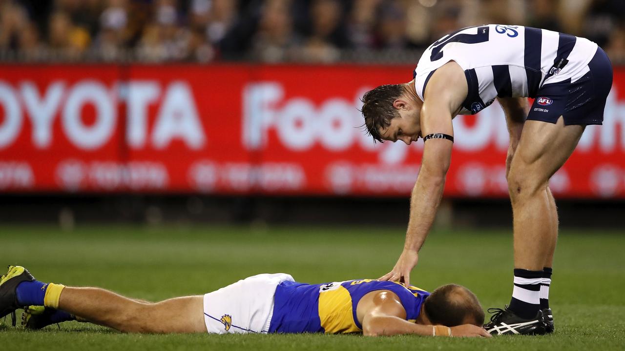 Tom Hawkins could be cited for his high hit which floored Will Schofield. Picture: AFL