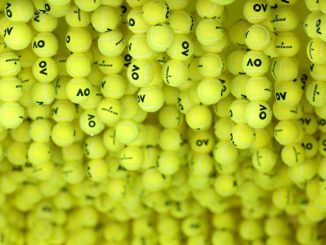 Tennis balls are displayed during the 2024 Australian Open at Melbourne Park on January 16, 2024. Picture: Julian Finney/Getty Images