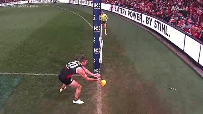 AFL defender disappears over fence with heroic goal save