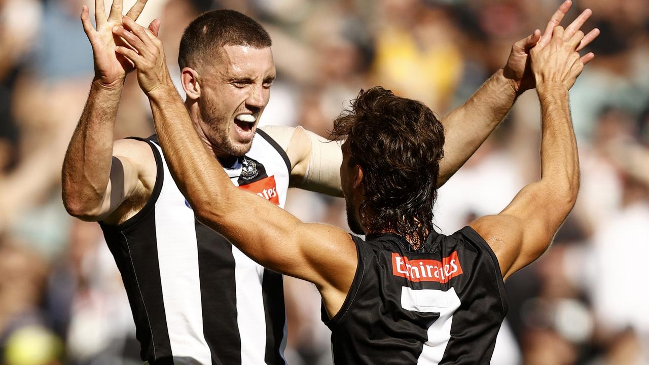 Darcy Cameron celebrates a goal during the Magpies’ round 2 success. Picture: Getty Images