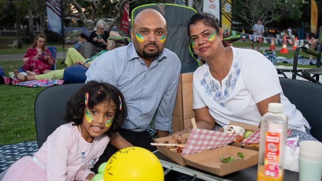 Kiarra Dsouza, Ralph Dsouza and Purvi Solanki as thousands of fans gather to watch the Matildas take on England in the World Cup Semifinal at Darwin Waterfront. Picture: Pema Tamang Pakhrin