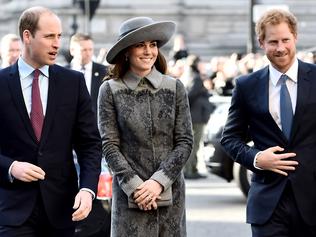 LONDON, ENGLAND - MARCH 14: (L-R) Prince William, Duke of Cambridge, Catherine, Duchess of Cambridge and Prince Harry attend the Commonwealth Observance Day Service on March 14, 2016 in London, United Kingdom. The service is the largest annual inter-faith gathering in the United Kingdom and will celebrate the Queen's 90th birthday. Kofi Annan and Ellie Goulding will take part in the service. (Photo by Gareth Cattermole/Getty Images)