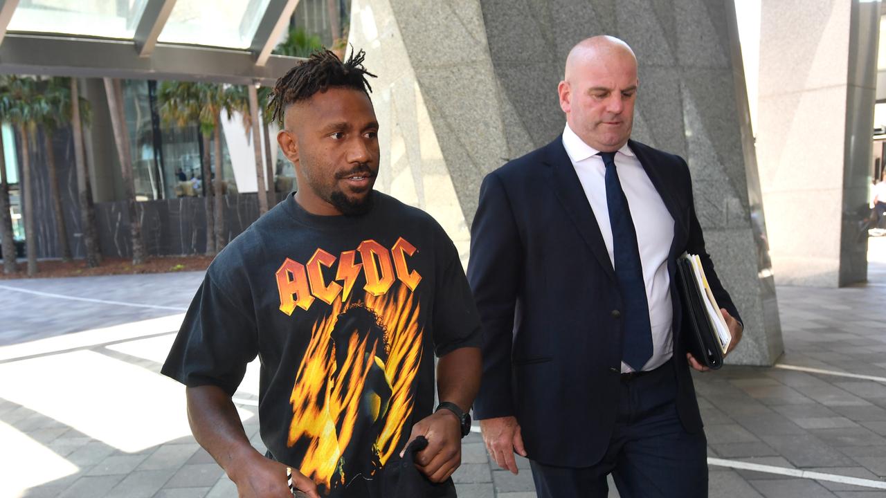 Former Brisbane Broncos player James Segeyaro (left) and his lawyer Tim Fuller (right).