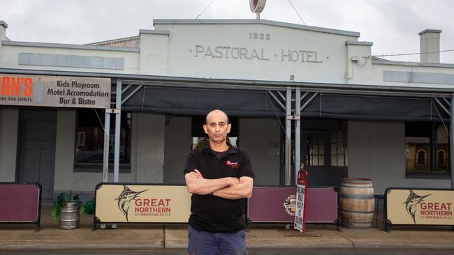 Publican Trevor Andrews at the Patoral Hotel in Echuca which he defied lockdown restrictions by opening. Picture: Bec Pilgrim,