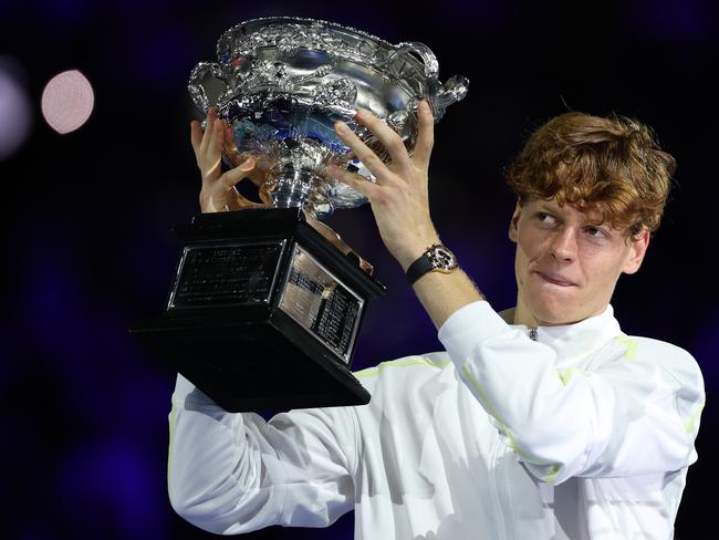 Jannik Sinner poses with the Norman Brookes Challenge Cup. Picture: Getty